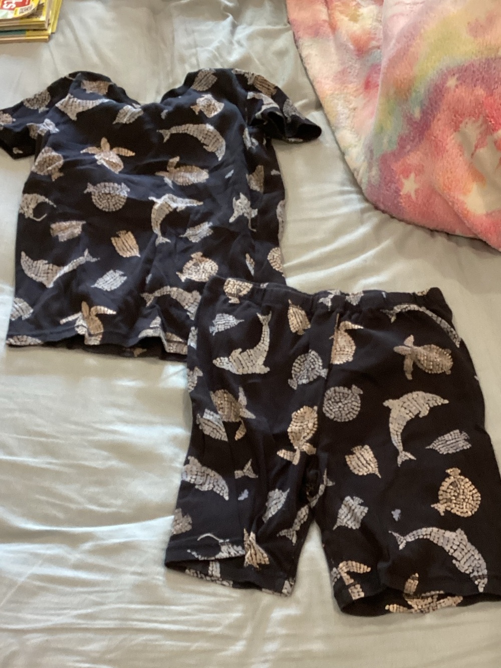 Navy Dolphin-Print Short Sleeve Kids Pajama Set